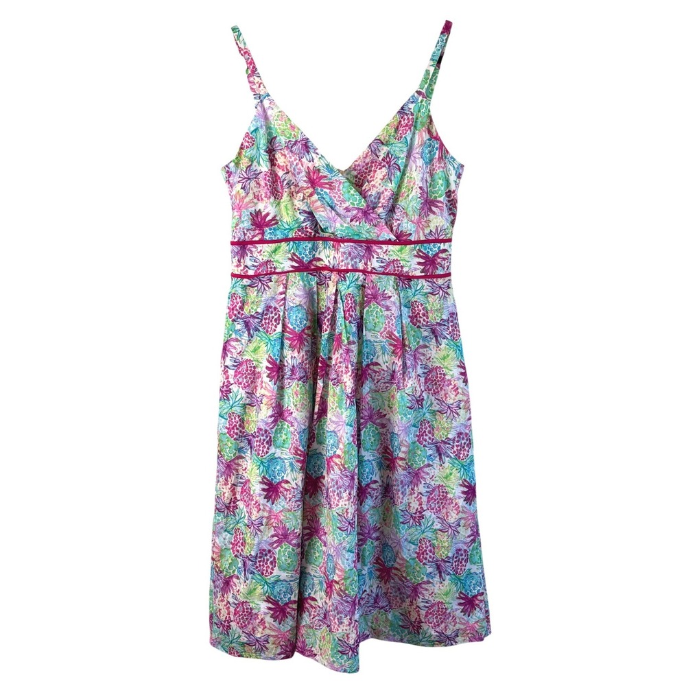 Chetta B Tropical Pineapple Cotton Midi Dress Surplice Wrap‎ Multicolor Size 10
